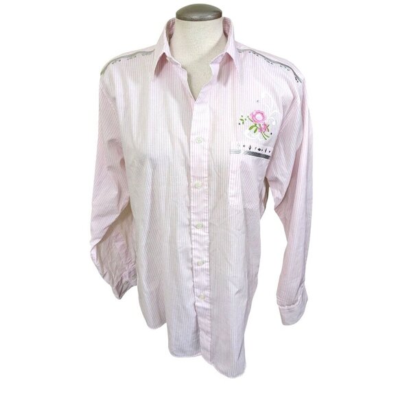 Las Olas Womens Button Up Shirt Size Med Long Sleeve Pink Striped Embroidered - Picture 1 of 11